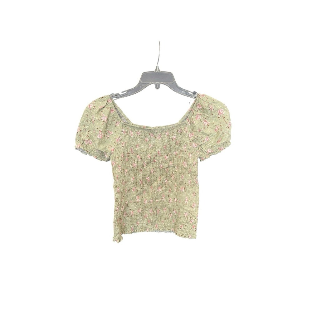Art Class Girls Smocked Floral Crop Top Puff Sleeve Sage Green L 10/12 NWT